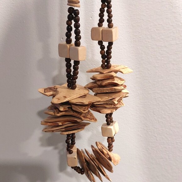 Women's Beige Brown Multi-Shapes Wood Slats/Beads Statement Necklace - Picture 4 of 10